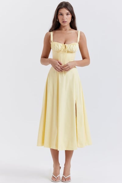 Square Neck Low Cut Sexy Slit Corset Dress
