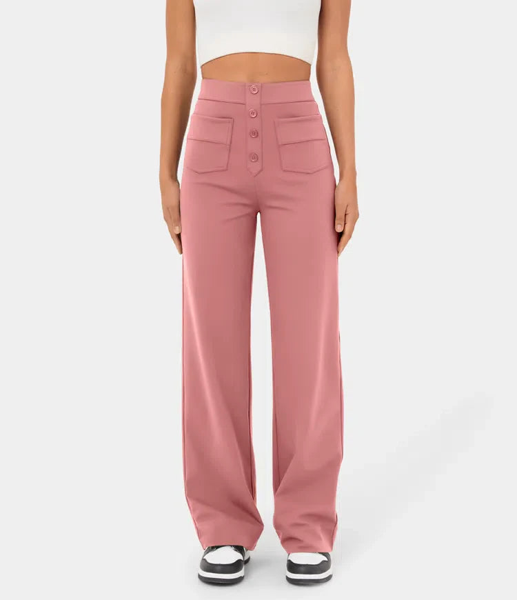 High Waisted Button Multiple Pockets Straight Leg Casual Pants