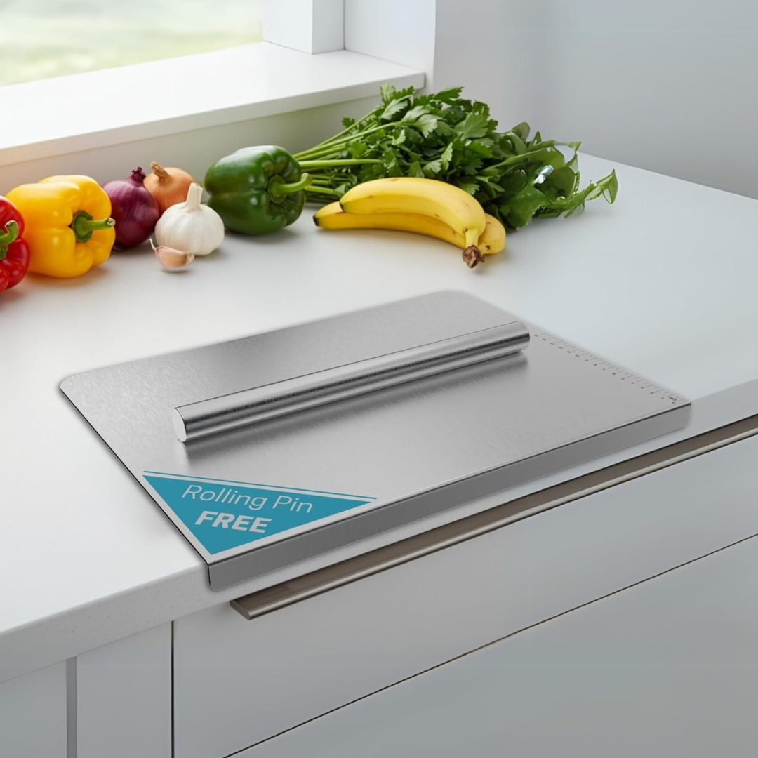 Premium Stainless steel Kitchen Chopping Board with rolling Pin