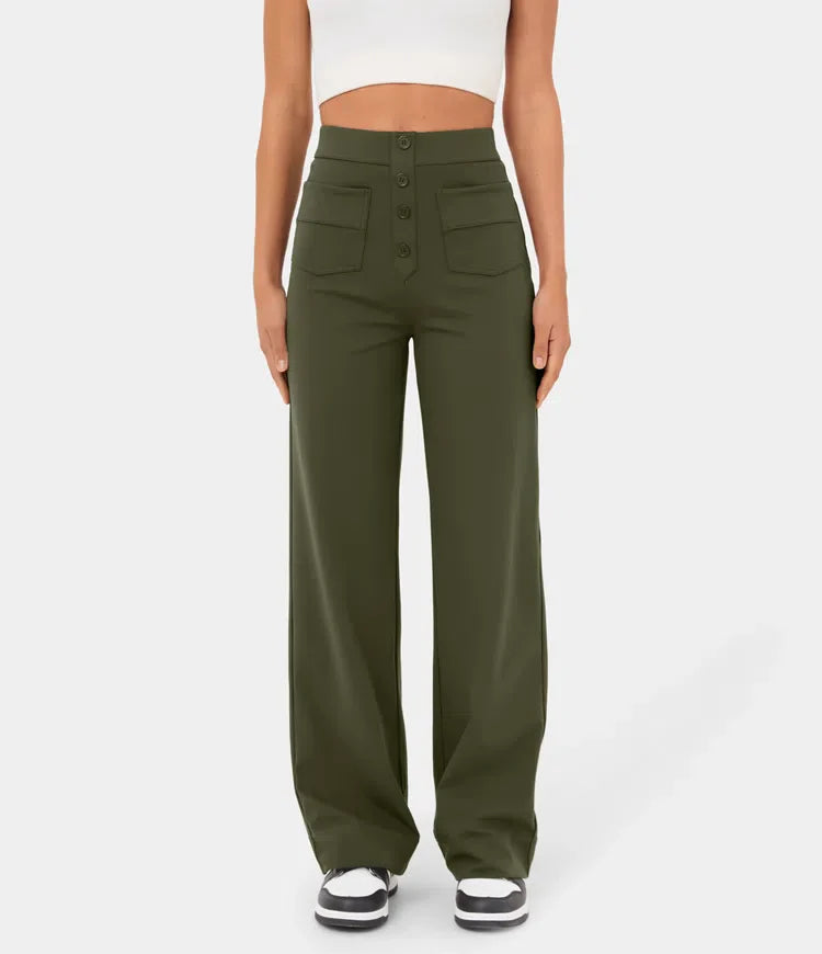 High Waisted Button Multiple Pockets Straight Leg Casual Pants