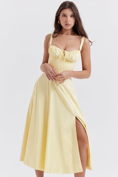 Square Neck Low Cut Sexy Slit Corset Dress
