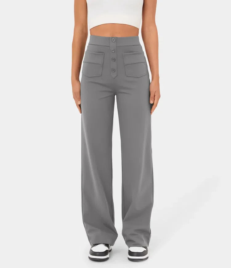 High Waisted Button Multiple Pockets Straight Leg Casual Pants