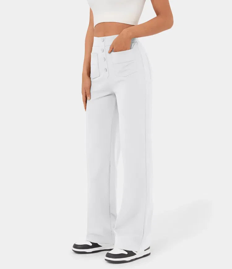 High Waisted Button Multiple Pockets Straight Leg Casual Pants
