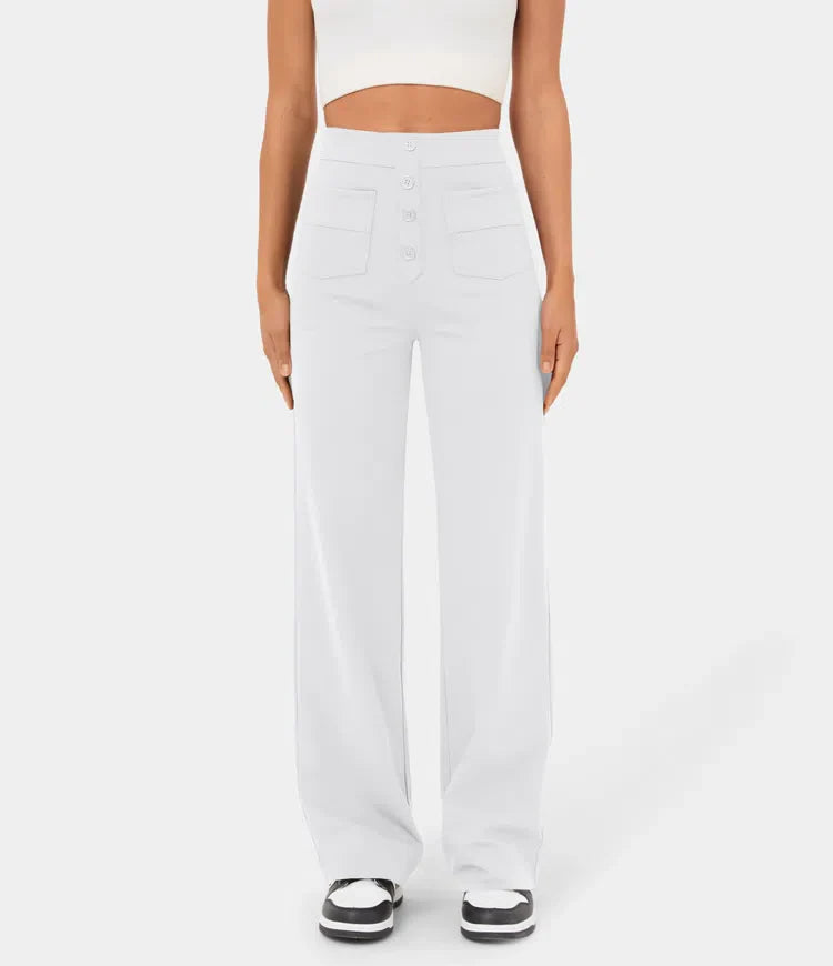 High Waisted Button Multiple Pockets Straight Leg Casual Pants